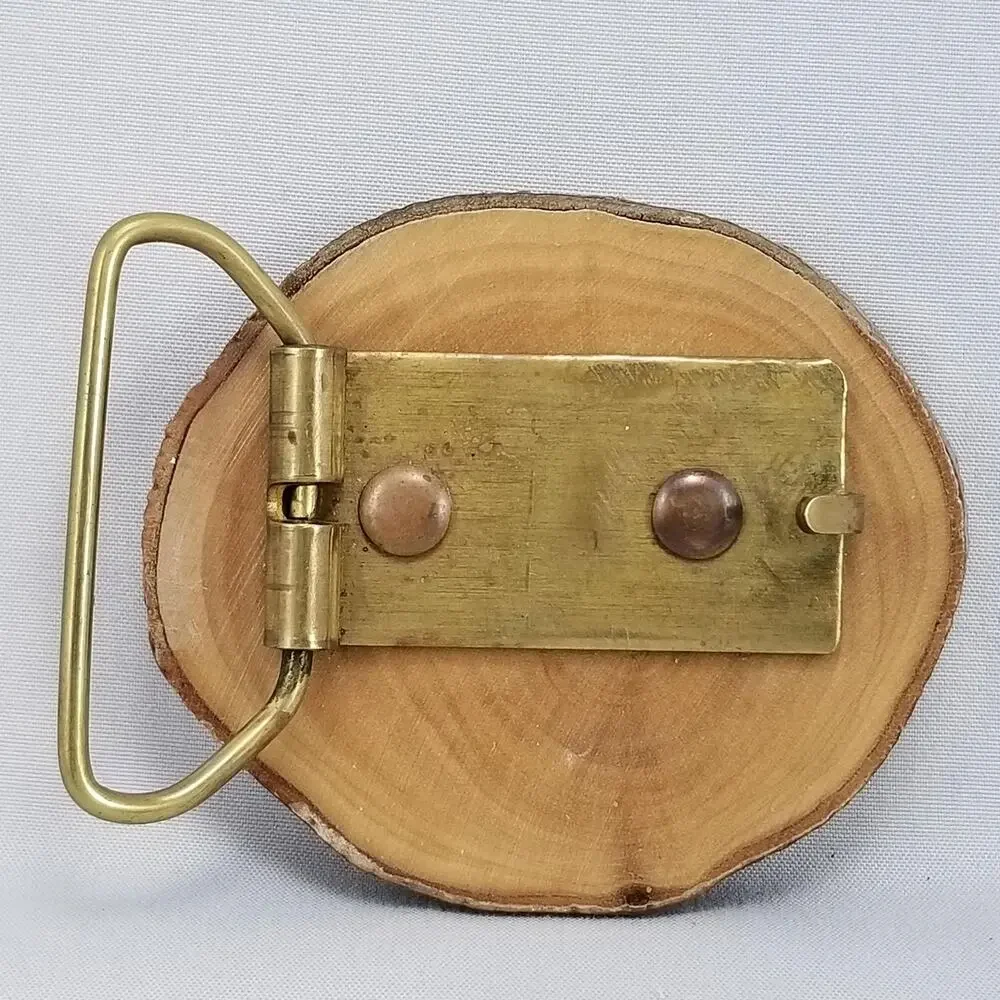Vintage Belt Buckle‎ Thick Wooden Printed Moose Enamel Covered W/ Brass Hardware